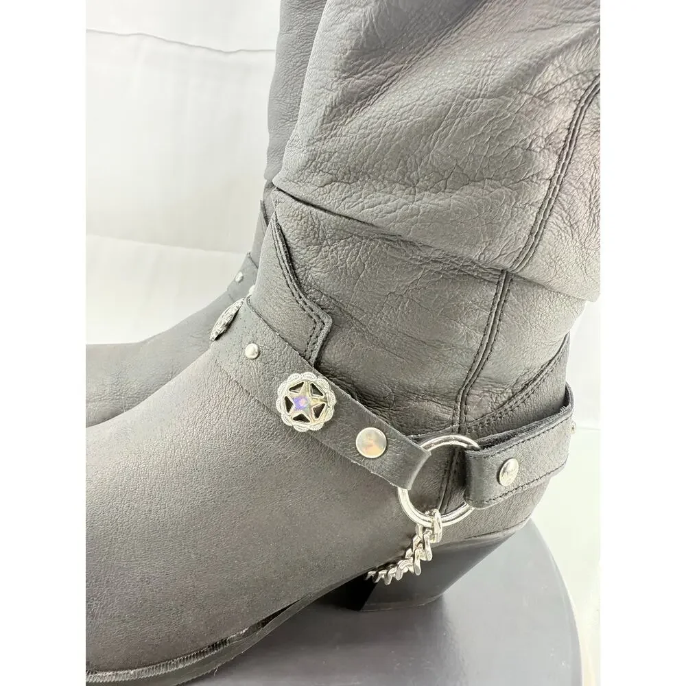 Dingo Olivia Womens Sz 8M Pigskin Leather Black Slouch Boots Concho Strap‎ DI522